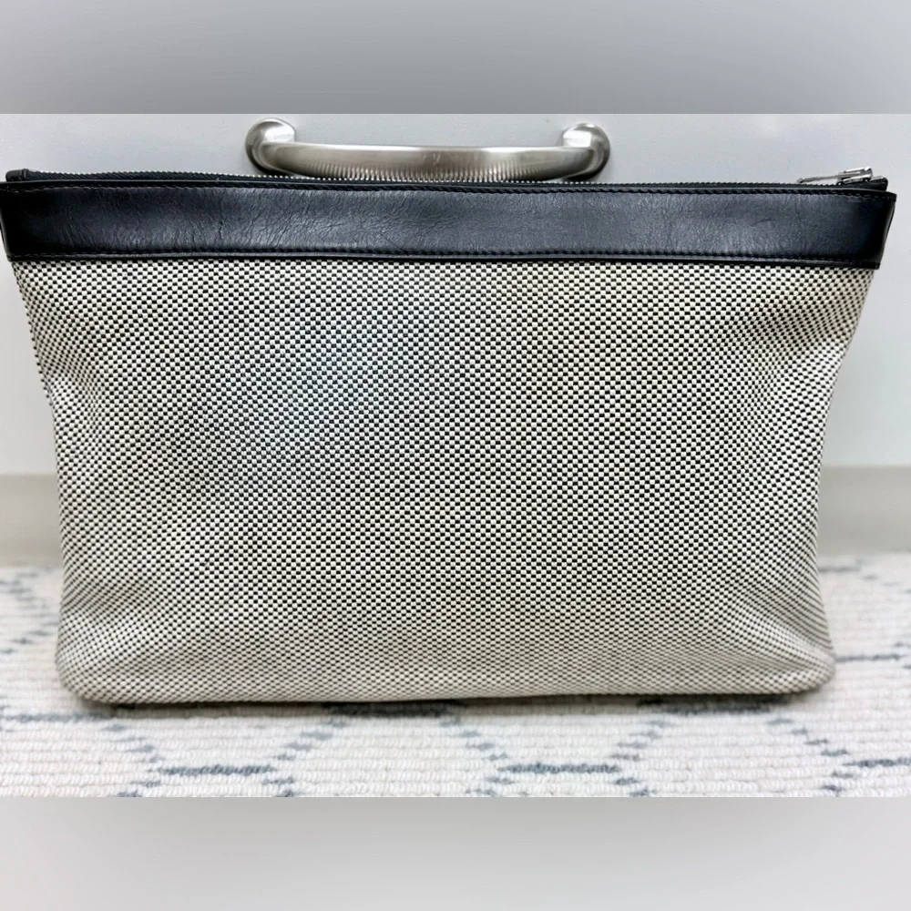 ALEXANDER WANG BLK/WHTE Woven Canvas Medium Pouch Clutch W/ BLK Leather Trim